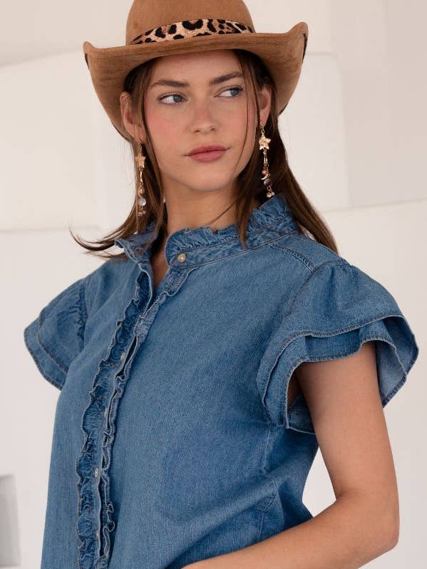 TR2038-01_Washed Denim Ruffle Button Down Top. for wholesale by TRENDiLiTY