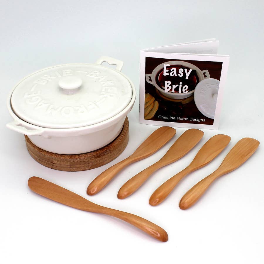 Twine White Ceramic Brie Baker with Lid & Acacia Wood Spreader 