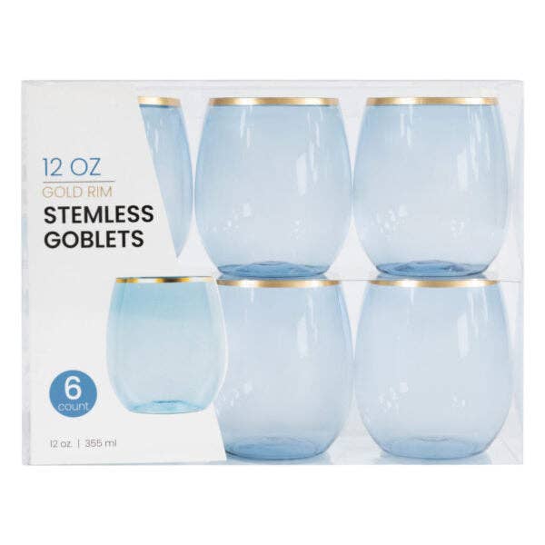 Posh Setting - Wholesale Wine Glass - 12 oz. Blue Stemless Wine Goblets With Gold Rim 6 Pack2