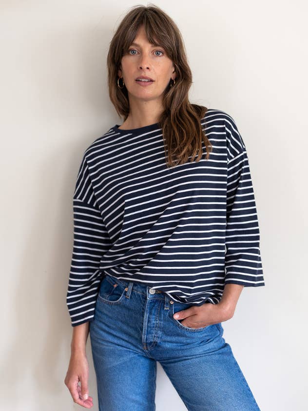 Erin 3/4 Organic Cotton White Breton T-Shirt BACK SOON for wholesale by Ivy T