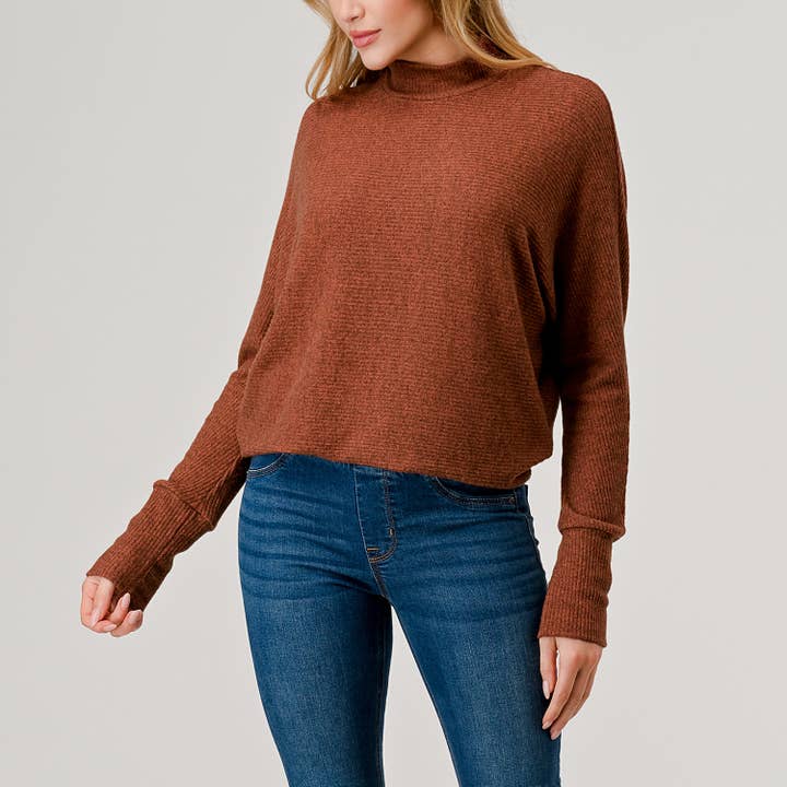 Heimious – Engroshandel Strikket top - Dame – Lang Dolman-ærmet ribstrikket top med mock-hals, T26139