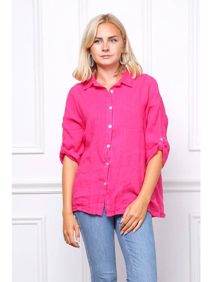 Happy look – Camisa com botões no colarinho – Mulher por atacado – Camisa folgada de linho com mangas dobráveis18