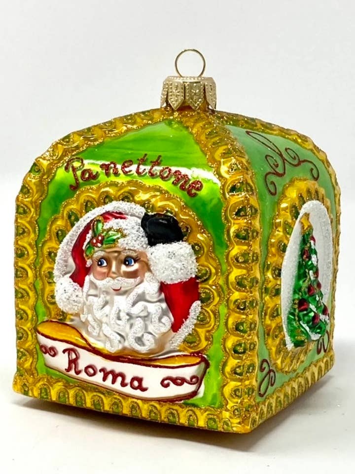 Green Panettone Box Holiday, decorazione natalizia in vetro polacco per la vendita all'ingrosso da parte di Kenzies of London