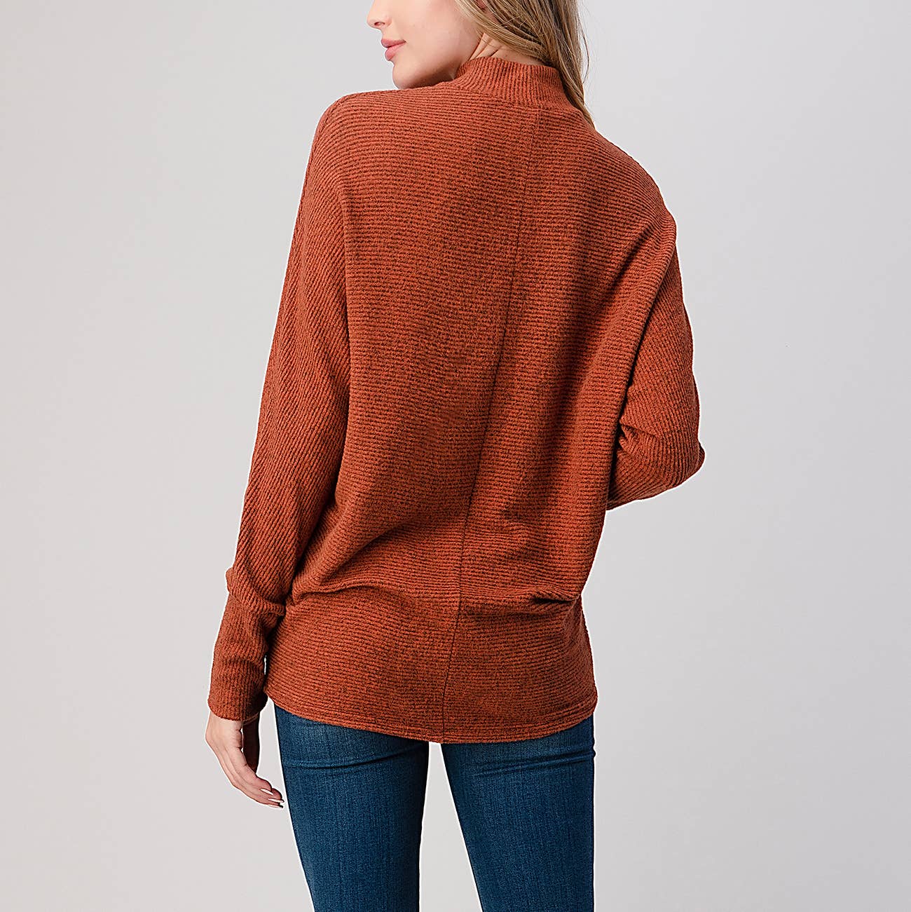 Heimious - Wholesale Knit Top - Women's - Mock Neck Long Dolman Sleeve Ribbed Knit Top, T26118