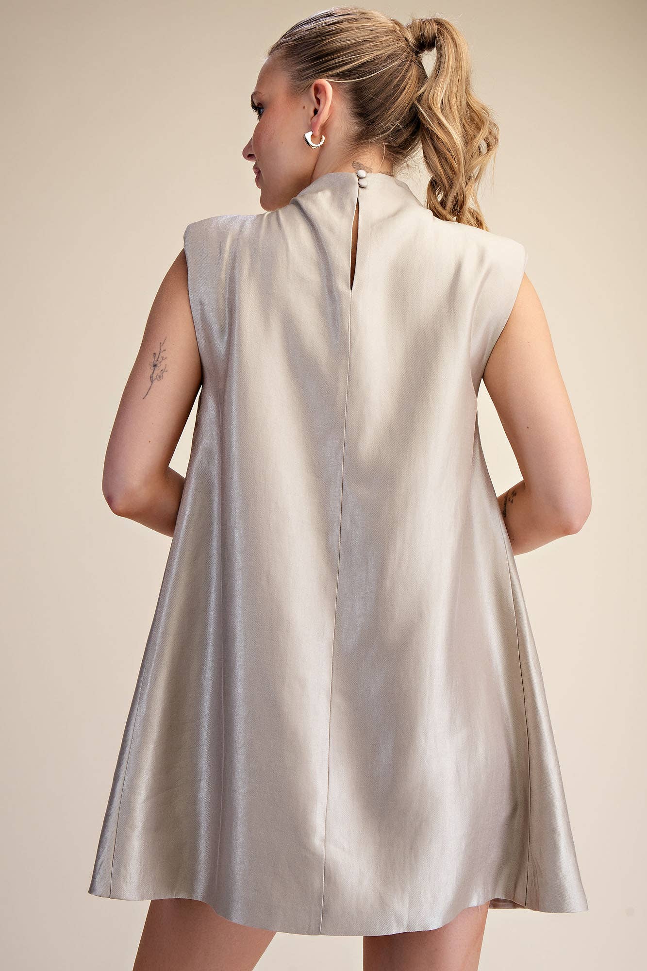 Glam - Wholesale Dress - Women's - Sleeveless Shoulder Pad Gathered Detail Mini Dress13