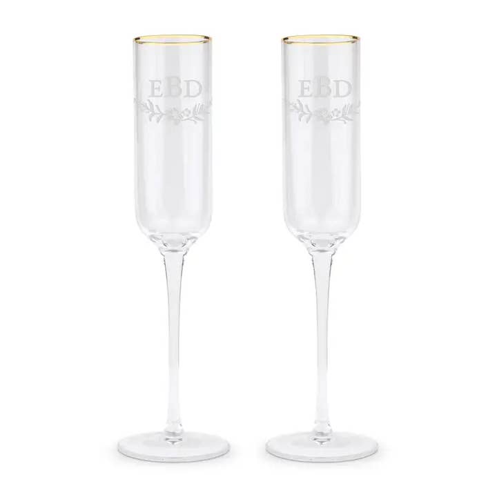 Gold Rimmed Champagne Flutes - Modern Fairy Tale Monogram for wholesale by Weddingstar Inc.