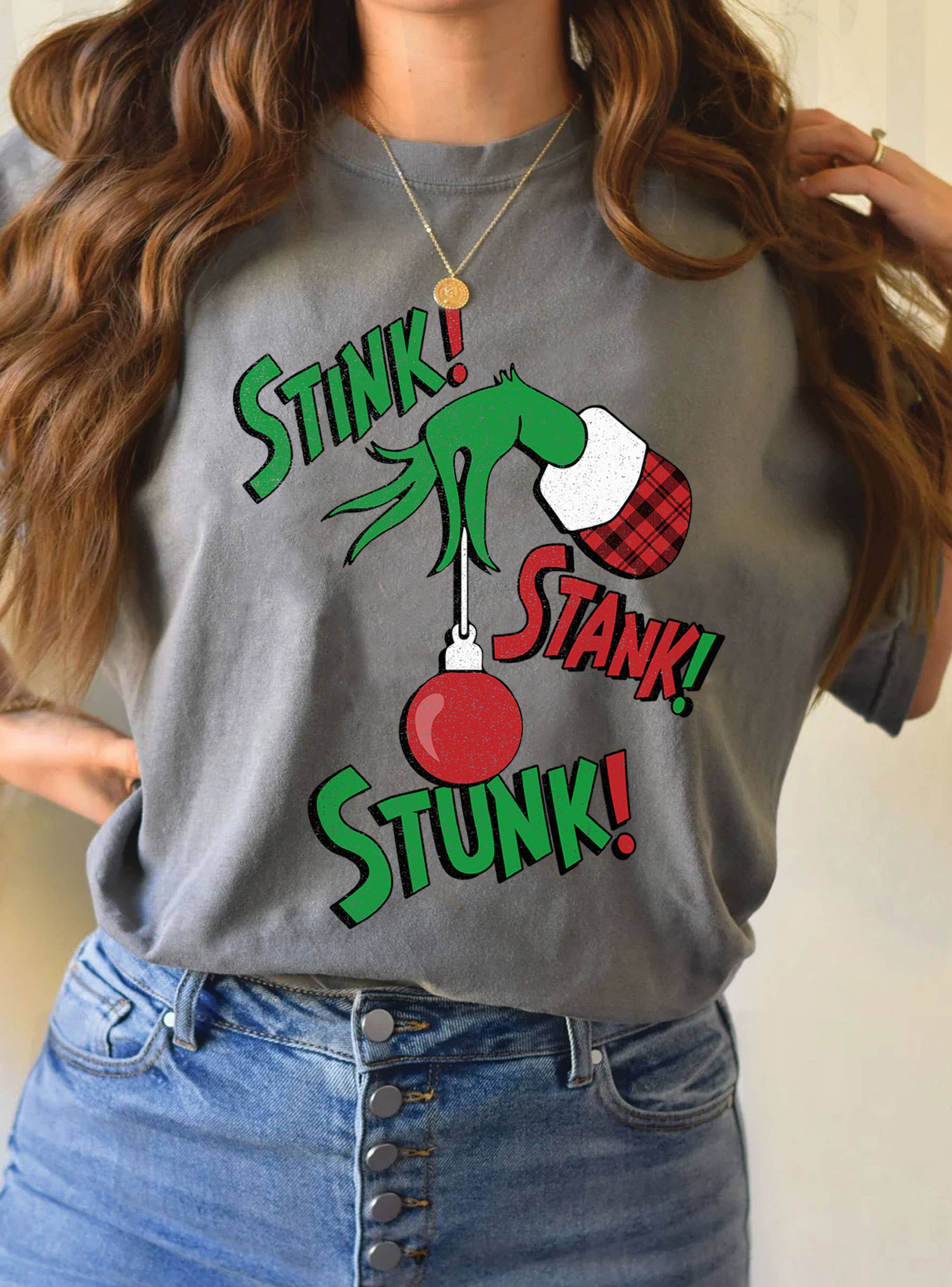 Rustee Clothing - Wholesale Screen Printed T-Shirt - Women's - STINK STANK STUNK GRINCH CHRISTMAS GRAPHIC TSHIRTS1