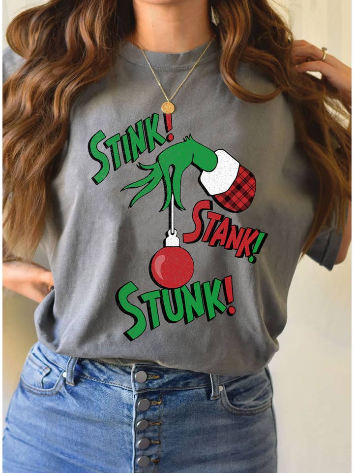 Rustee Clothing - Wholesale Screen Printed T-Shirt - Women's - STINK STANK STUNK GRINCH CHRISTMAS GRAPHIC TSHIRTS1