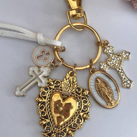 Miss DJ Angel - Wholesale Keychain - Women's - Virgin Mary keychain with sacred heart and cross, gift for virgin mother, miraculous medal virgin charm, ex-voto keychain