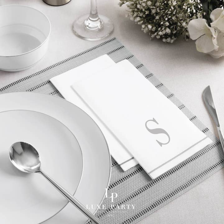 S Silver Monogram Paper Dinner Napkins | 14 Napkins for wholesale by Luxe Party