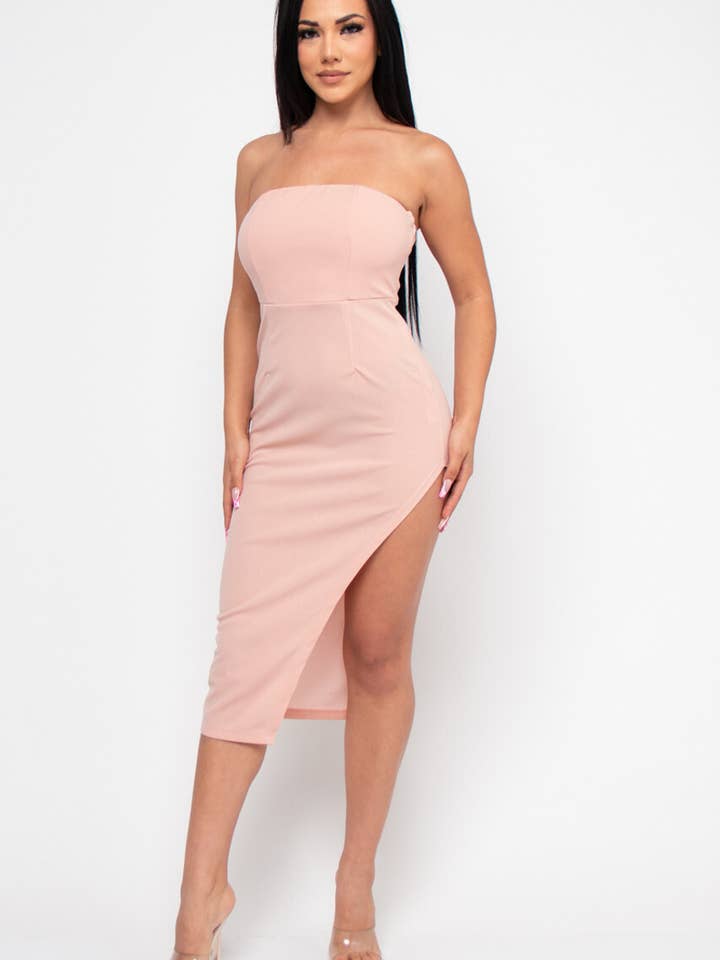 Mauve High Split Strapless Bodycon Midi Dress for wholesale by lasalle fashion llc