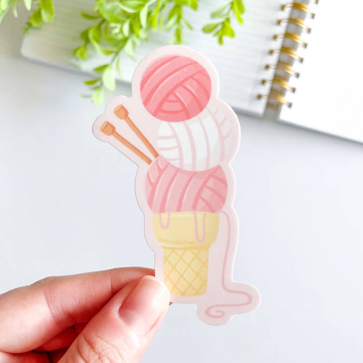 Cute Pink Yarn Ice Cream Waterproof Matte Vinyl Sticker for wholesale by Studious Owl Press