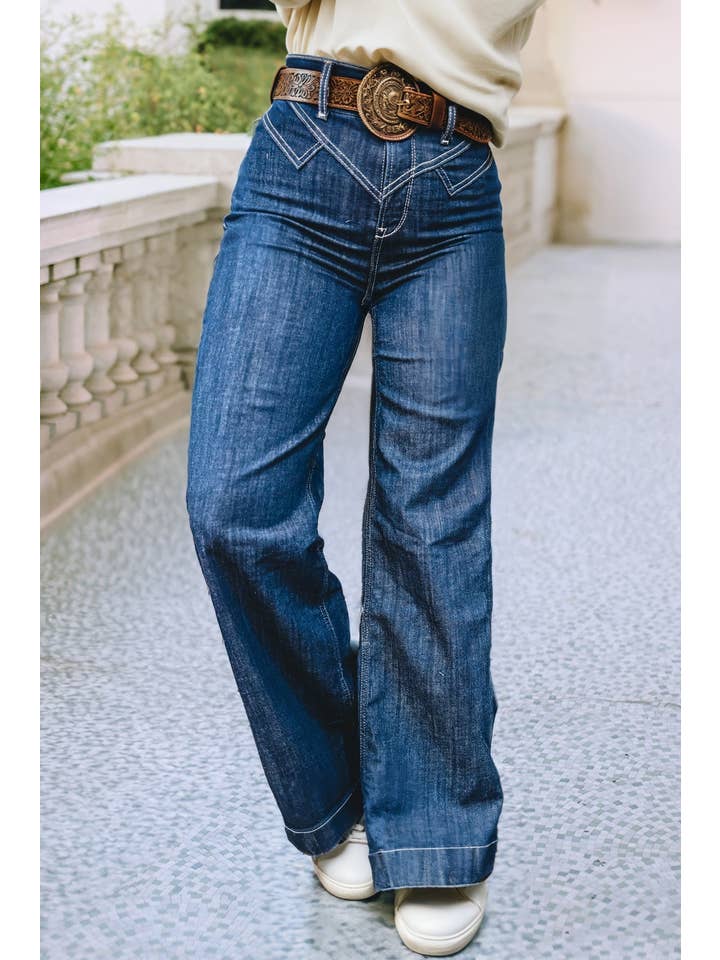 Sail Blue  LDC Stitched Waist Detail Loose Cuffed Jeans for wholesale on Faire2