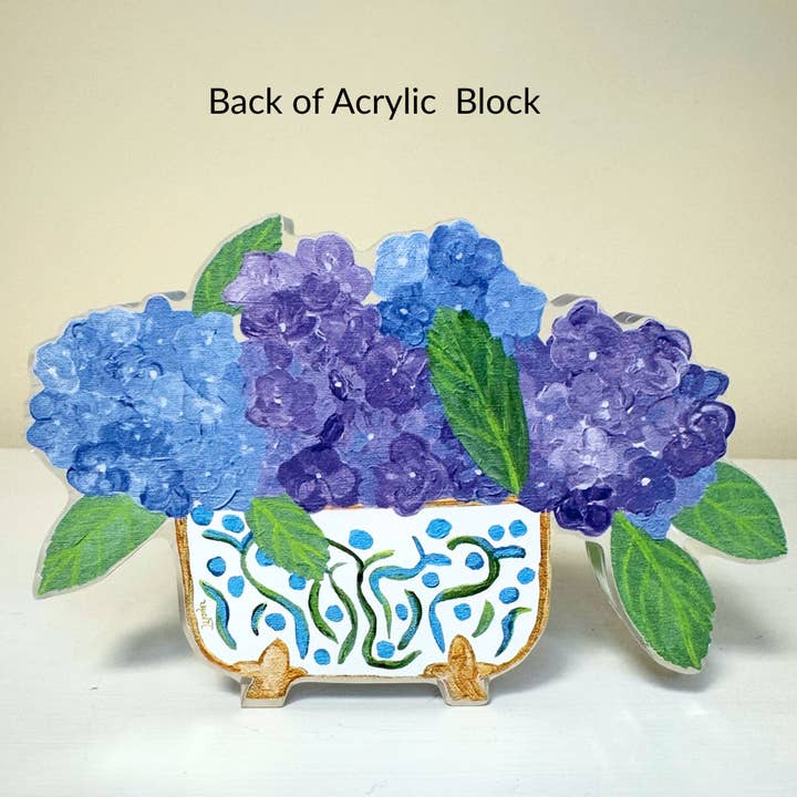 Jeanne Player Fine Art - Wholesale Decorative Tabletop Object - Blue and Purple Hydrangeas Art Block3