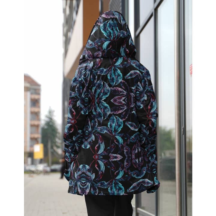 Dark Tropics Cuddle Cloak | Unisex Minky Sherpa Lined Hooded Coat | Women and Mens Festival Coat | Mountain Fashion for wholesale by Manifestie