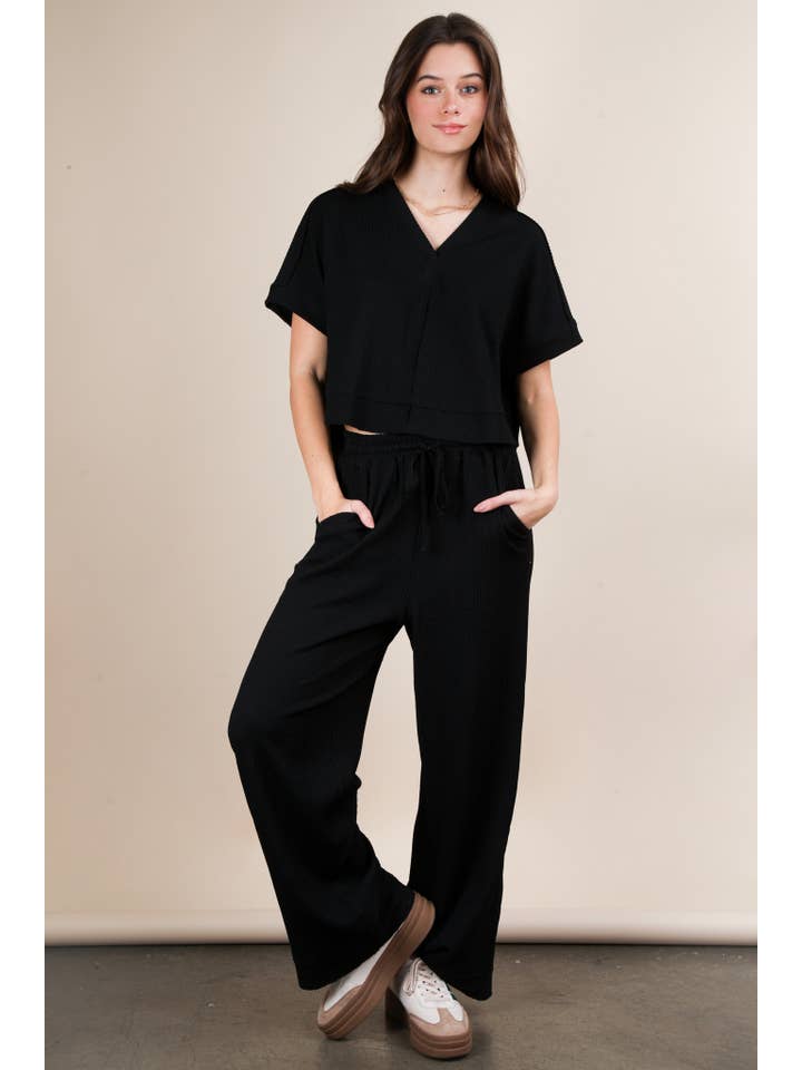 VERY J - Wholesale Lounge Set - Women's - NT12073SET-Textured Knit Comfy Casual Top & Pants Set