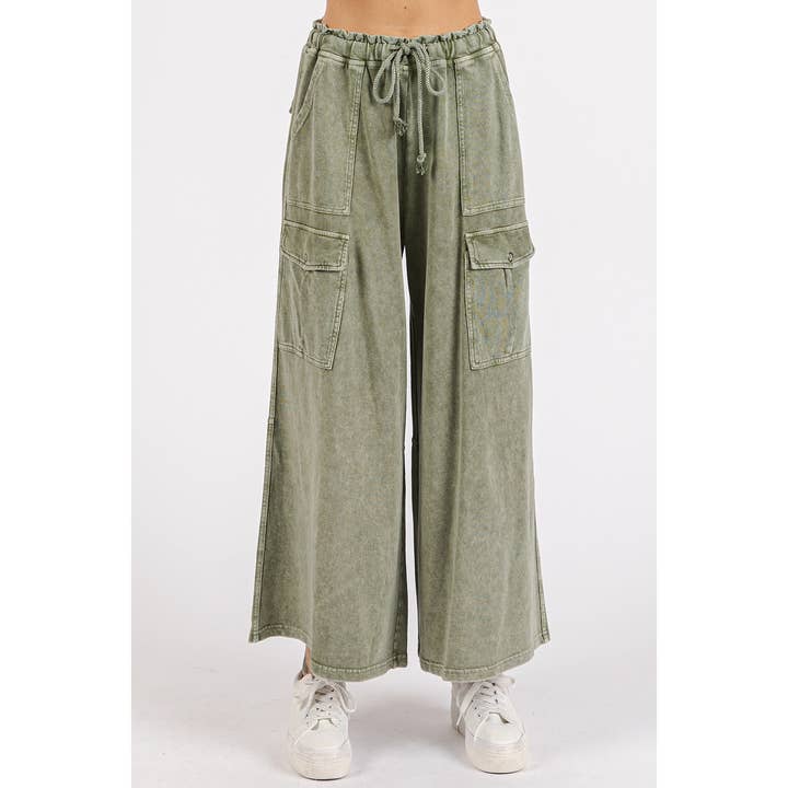 mittoshop - Wholesale Pants - Women's - WASHED FRENCH TERRY CARGO ELASTIC WAIST WIDE LEG PANTS