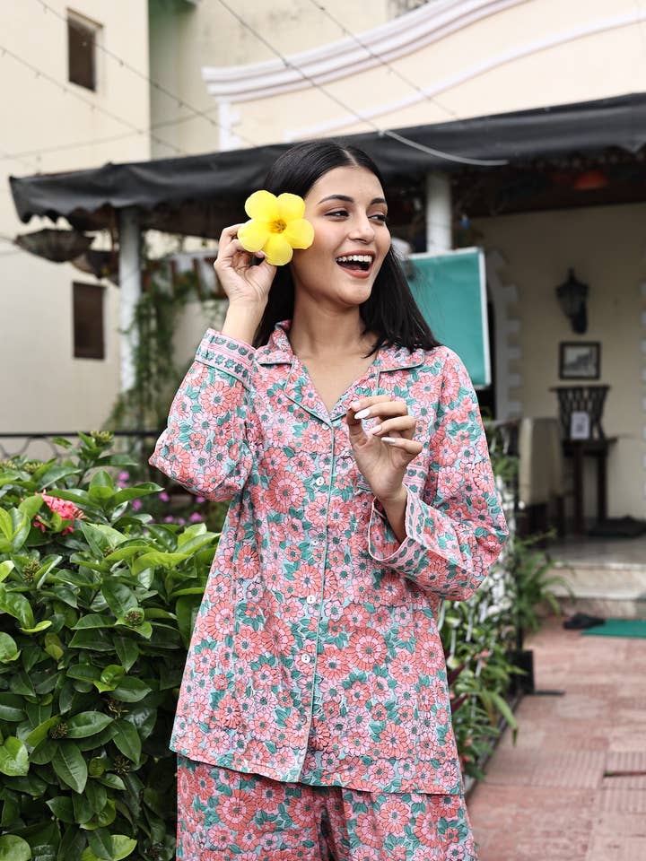 Women's Block Printed Pajamas- 3 Piece Set for wholesale by The Fox and The Mermaid