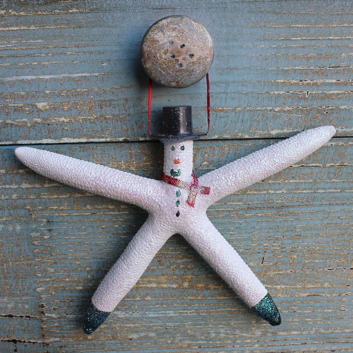 California Seashell Company - Wholesale Ornament - White Finger Starfish Snowman Ornament