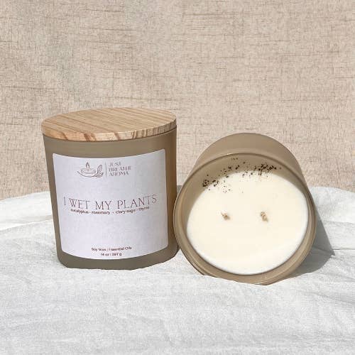 i wet my plants aromatherapy candle | 14 oz double wick for wholesale by Just Breathe Aroma