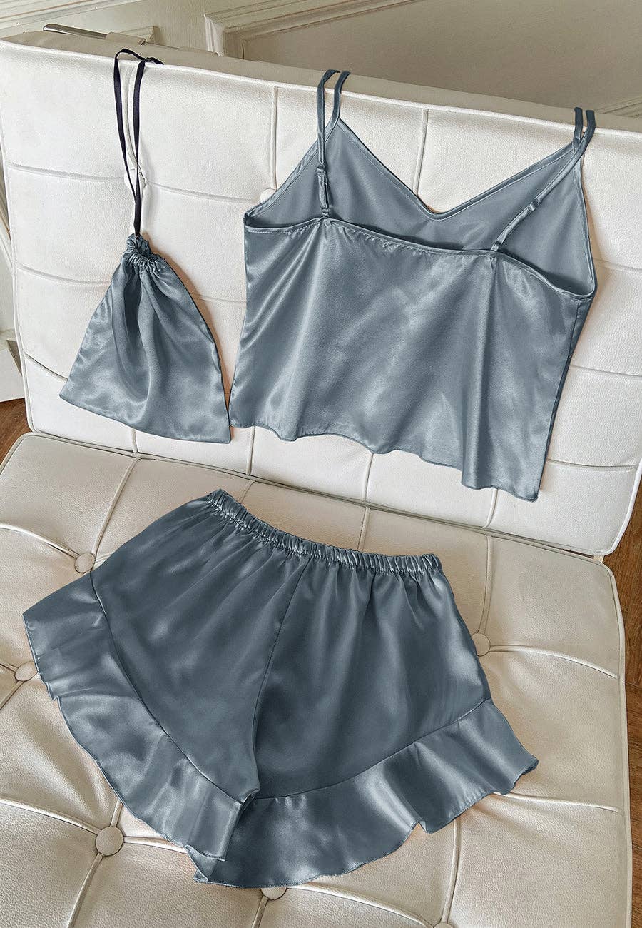 Anna Kaci Wholesale - Wholesale Lounge Set - Women's - Satin Tank and Ruffle Hem Shorts7