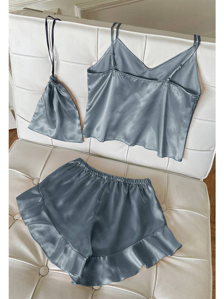 Anna Kaci Wholesale - Wholesale Lounge Set - Women's - Satin Tank and Ruffle Hem Shorts7
