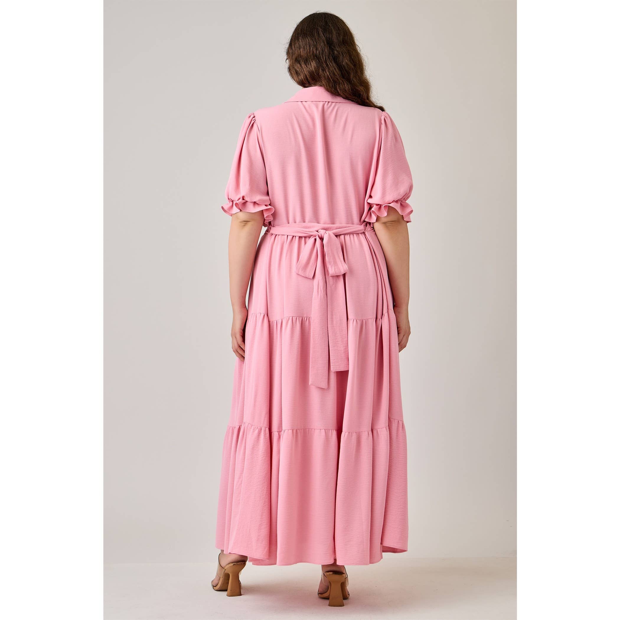 ORANGE CORAL PLUS SIZE BUTTON FRONT MAXI DRESS WITH TIERD HEM for wholesale on Faire26