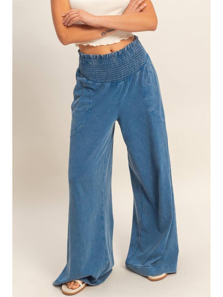 Mineral Washed Wide-Leg Smocked Waist Pants for wholesale by HYFVE