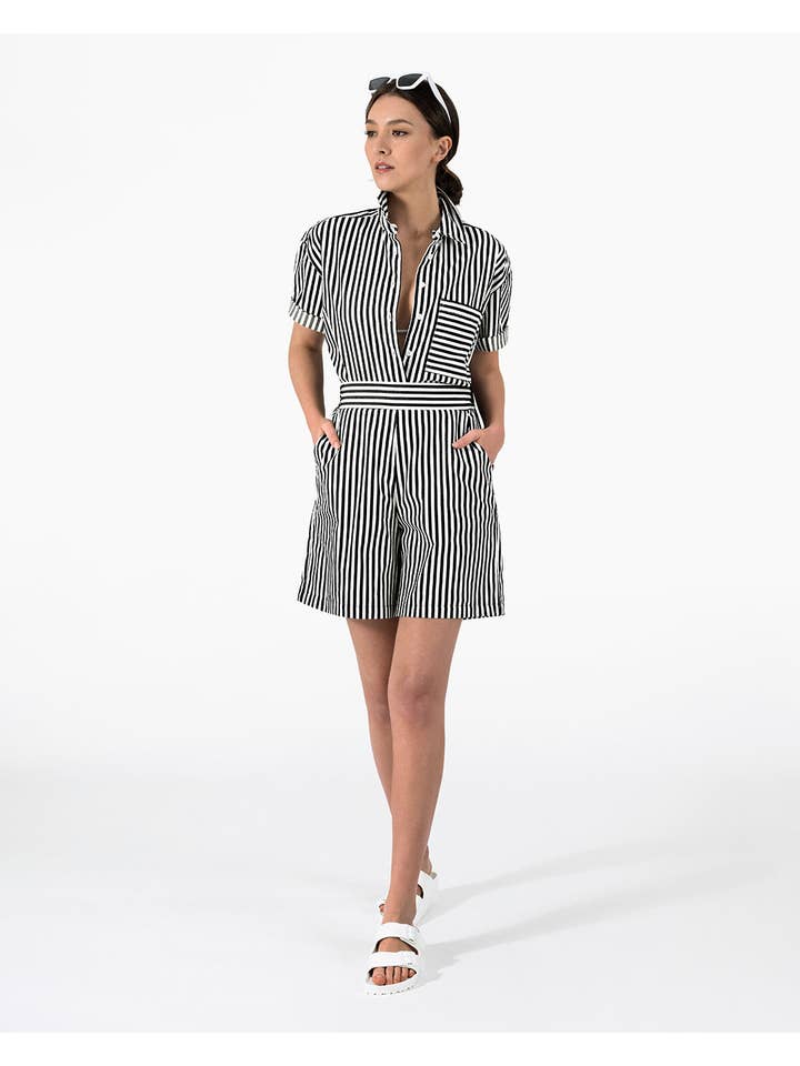 Lacson Ravello - Wholesale Button Down Shirt - Women's - Bernadette Camp Shirt - Black and White Stripe3