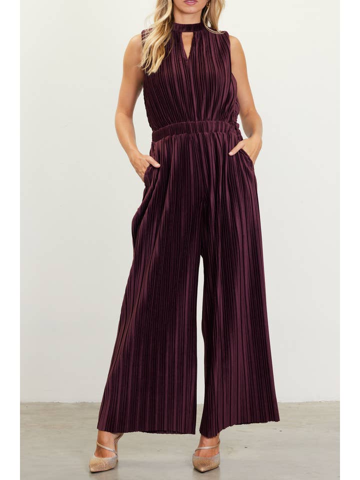 Chocolate Pleated Velvet Jumpsuit for wholesale on Faire