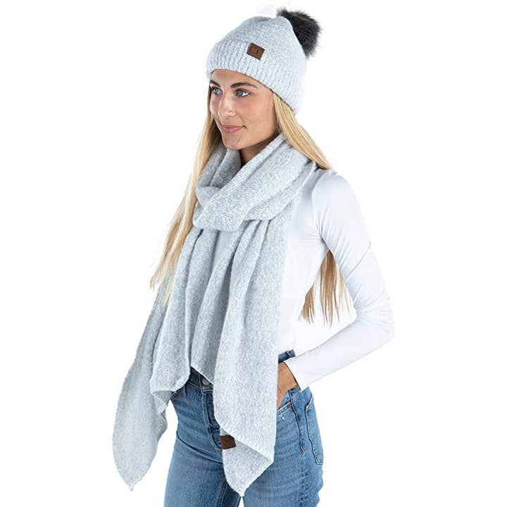 Funky Junque - Venta al por mayor Gorro de lana - Mujer - Paquete de gorros y bufandas Infinity (boucle blanco con pompón)