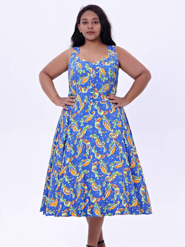 243109-BLUE MULTI | Heidi | Soysilk Flare Dress With Pockets for wholesale by Miss Lulo