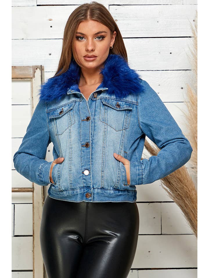 Veracci - Vendita all'ingrosso Giacca di jeans - Donna - Giacca di jeans da donna con colletto in pelliccia sintetica rimovibile