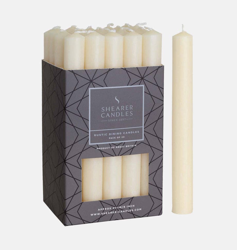 Shearer Candles - Venta al por mayor Cirios pequeños - Velas de cena marfil de 20 cm (8 pulgadas) en caja de 20 unidades