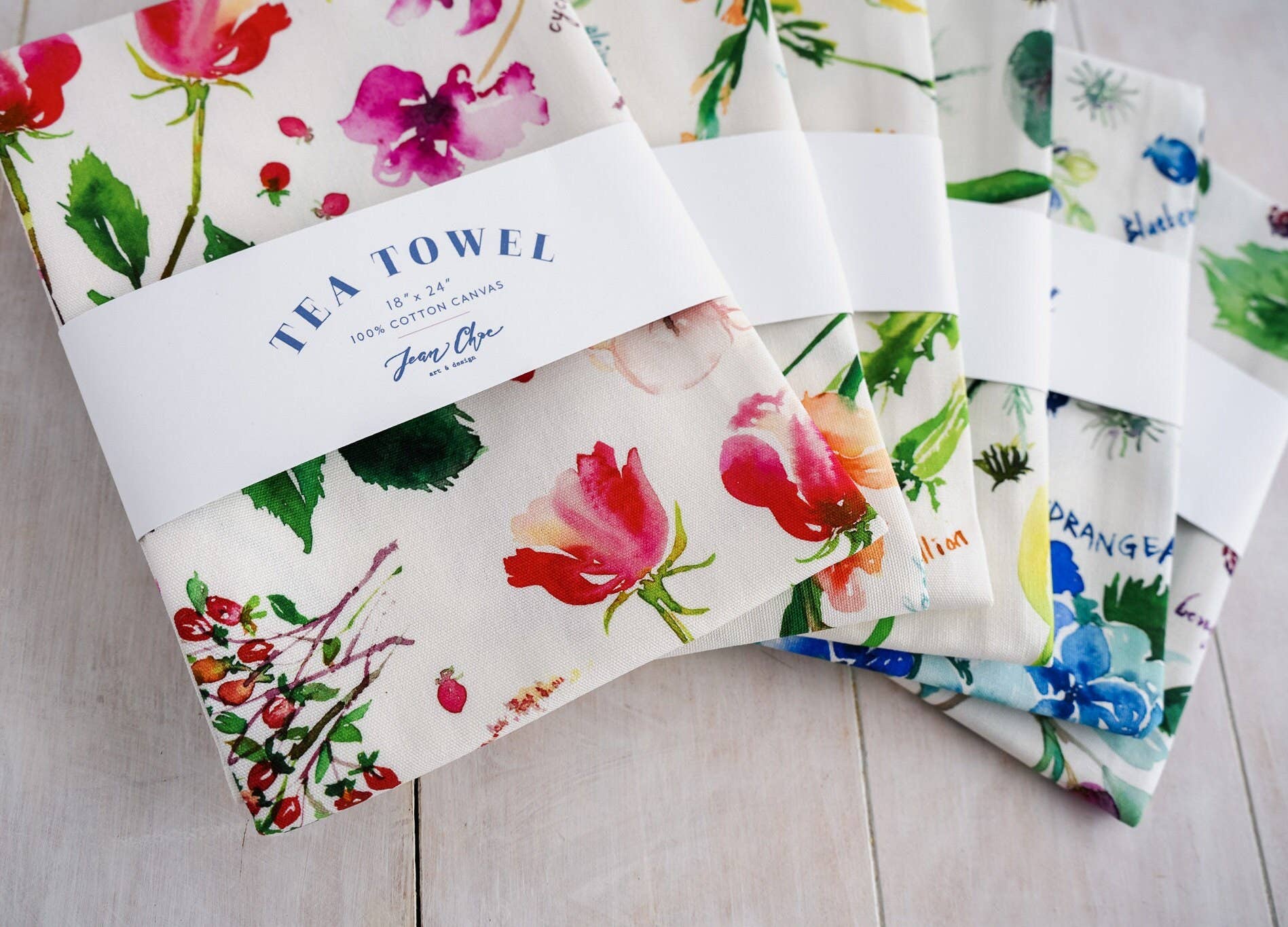 Jean Choe Art & Design - Wholesale Tea Towel - Botanical Rainbow (Red) Kitchen Tea Towel. Floral Tea Towel.3