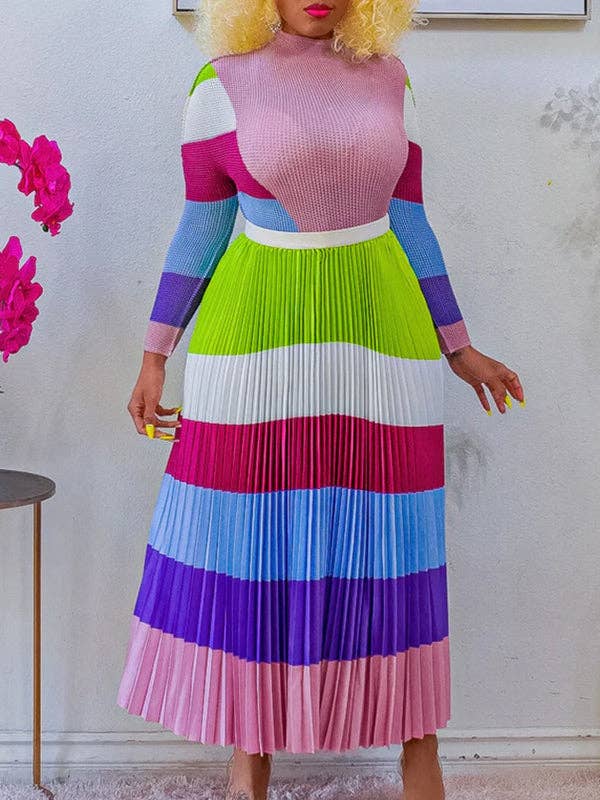 Sheer Trend - Venta al por mayor Conjuntos de top y falda - Mujer - Conjunto de dos piezas de blusa de manga larga con cuello simulado, estampado plisado de color contrastante y falda en talla grande.1