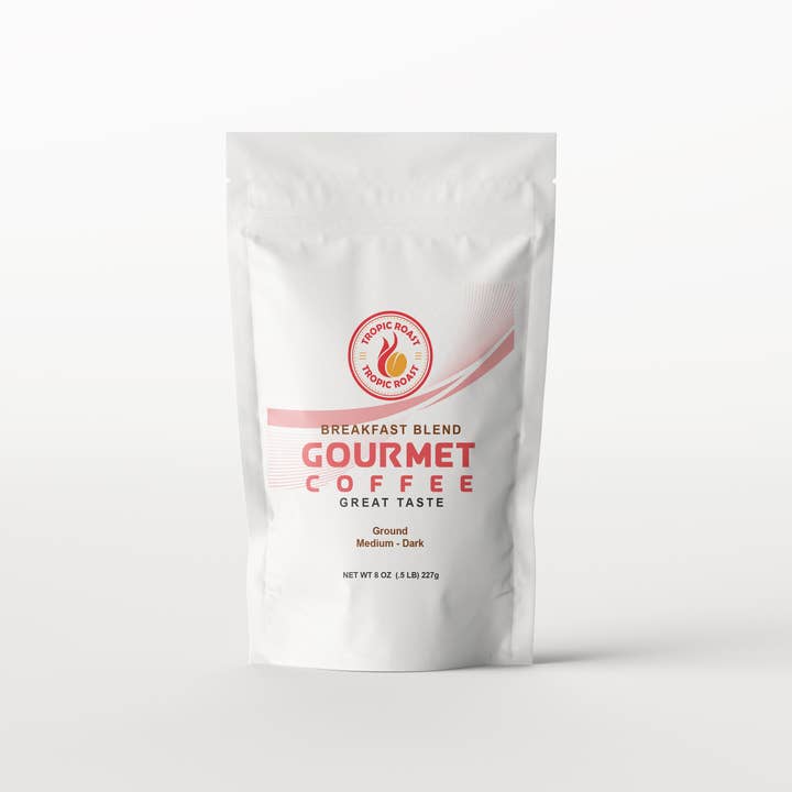 Breakfast Blend Coffee Medium-Dark, Ground, Net WT 8 OZ (.5 LB) for wholesale by Tropic Roast