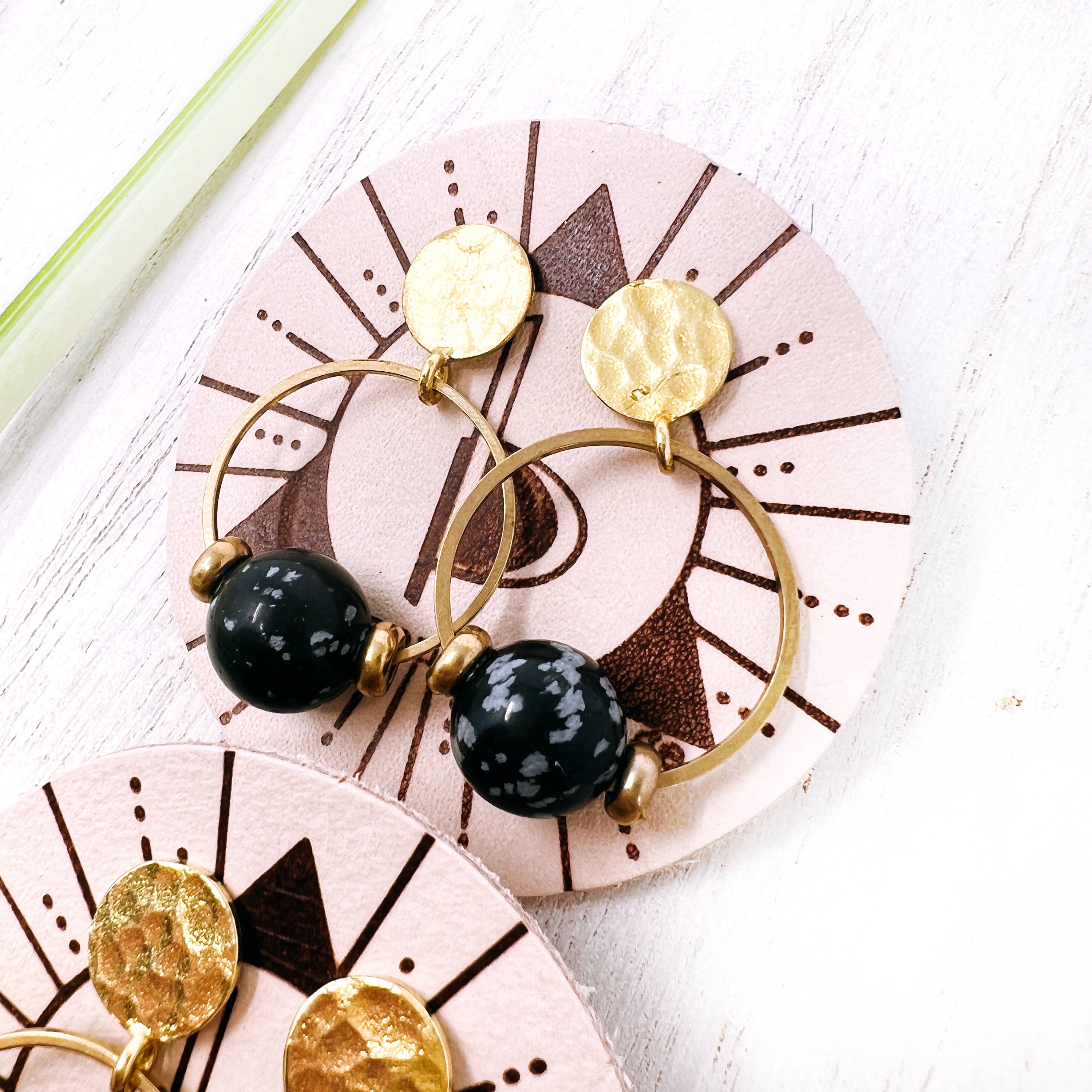 Permanent Baggage - Wholesale Dangle Earrings - Small Brass Post Earring With Hoop & Semi-Precious Stones16