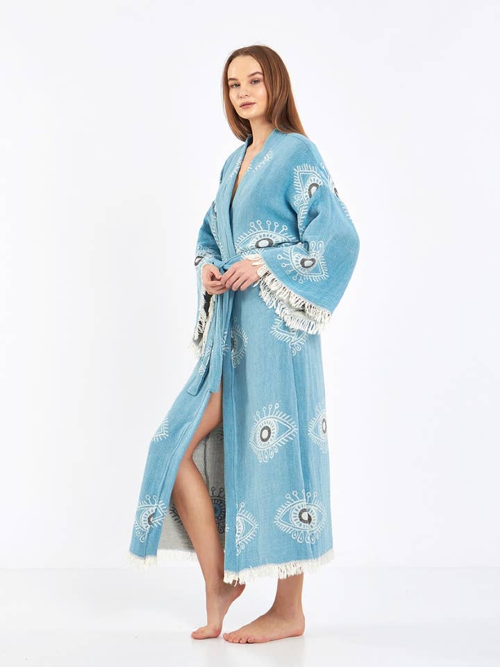 Yaz Concepts - Wholesale Kimono - Women's - Blue Evil Eye Jacquard Bathrobe Kimono Robe Kaftan Caftan
