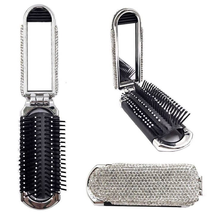 Diacly – wholesale Hair brush/comb – Shiny Stone Handheld Folding Mirror Hair Brush4