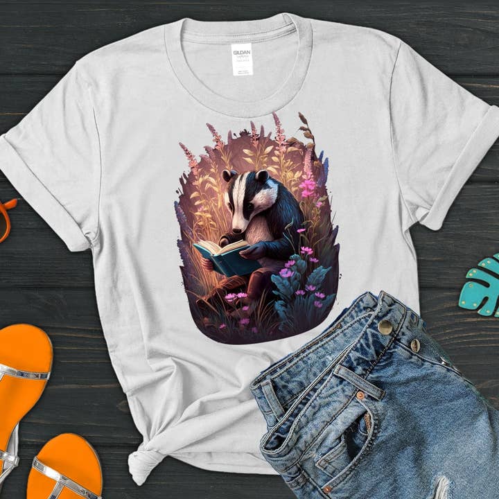 Vivtrek - Wholesale Screen Printed T-Shirt - Women's - Badger reading a book Tshirt, Fairy Aesthetic