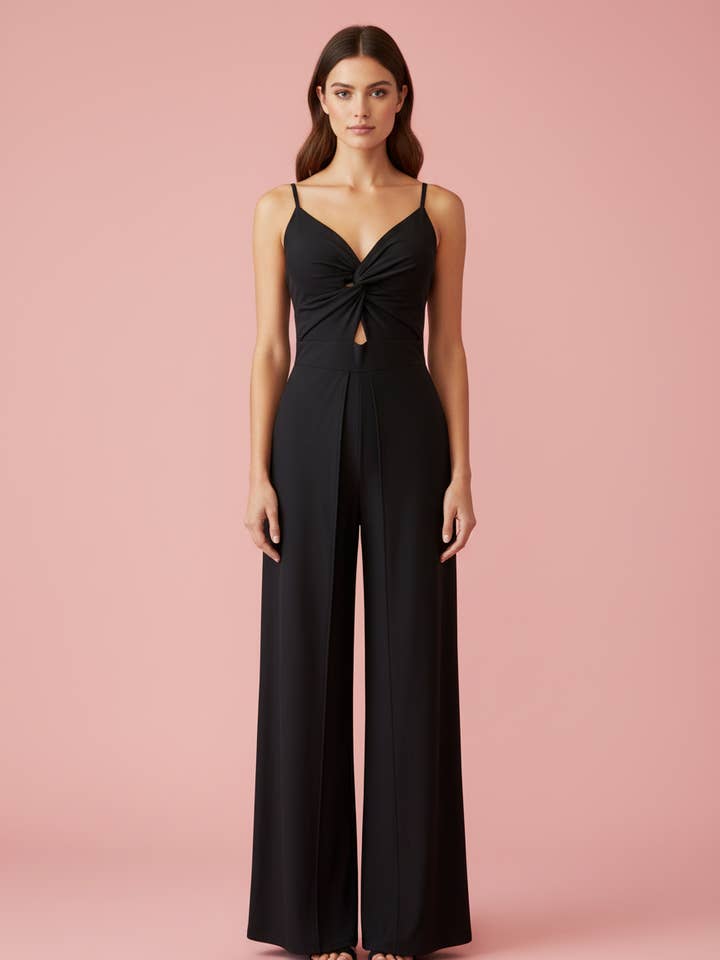 GLANZENDE ZWARTE ELASTISCHE LANGE JUMPSUIT 6243 voor wholesale door EMMA WU DESIGN