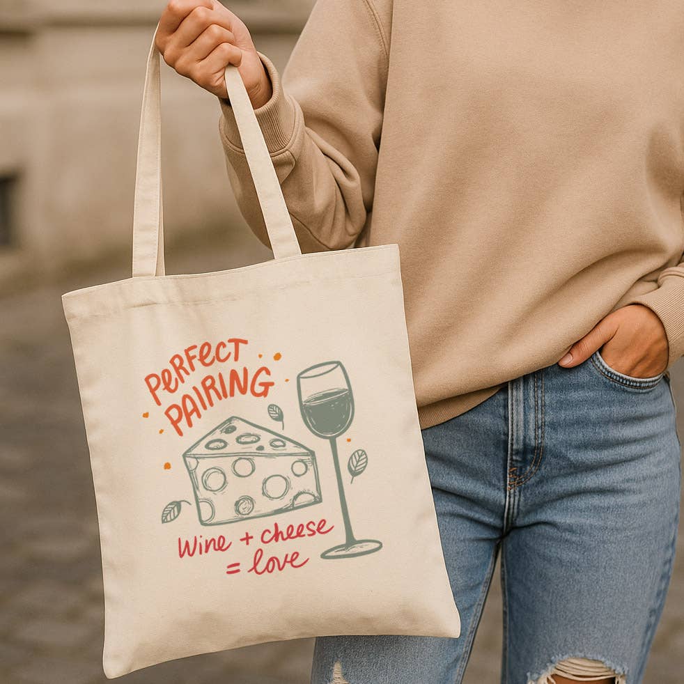 DaisyChainDesignCo – wholesale Tote bag – Women's – Wine And Cheese Canvas Tote Bag 0