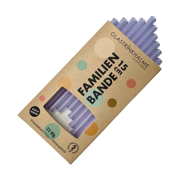 Set di 10 cannucce in vetro color lavanda "family ties" da 15 cm per la vendita all'ingrosso da parte di Glastrinkhalme by OPTITHERM