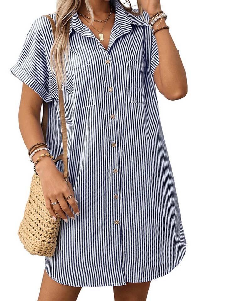 NINEXIS - Wholesale Dress - Women's - CWDSD7263_STRIPED COTTON AND LINEN MIDI SHIRT DRESS
