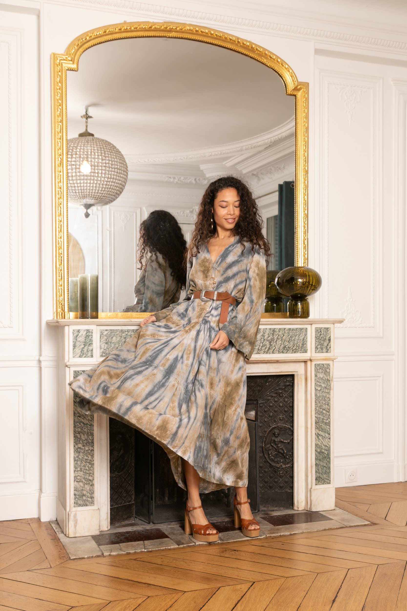 Grey Washed style tie and dye dress, V neckline, flared cut. for wholesale on Faire4