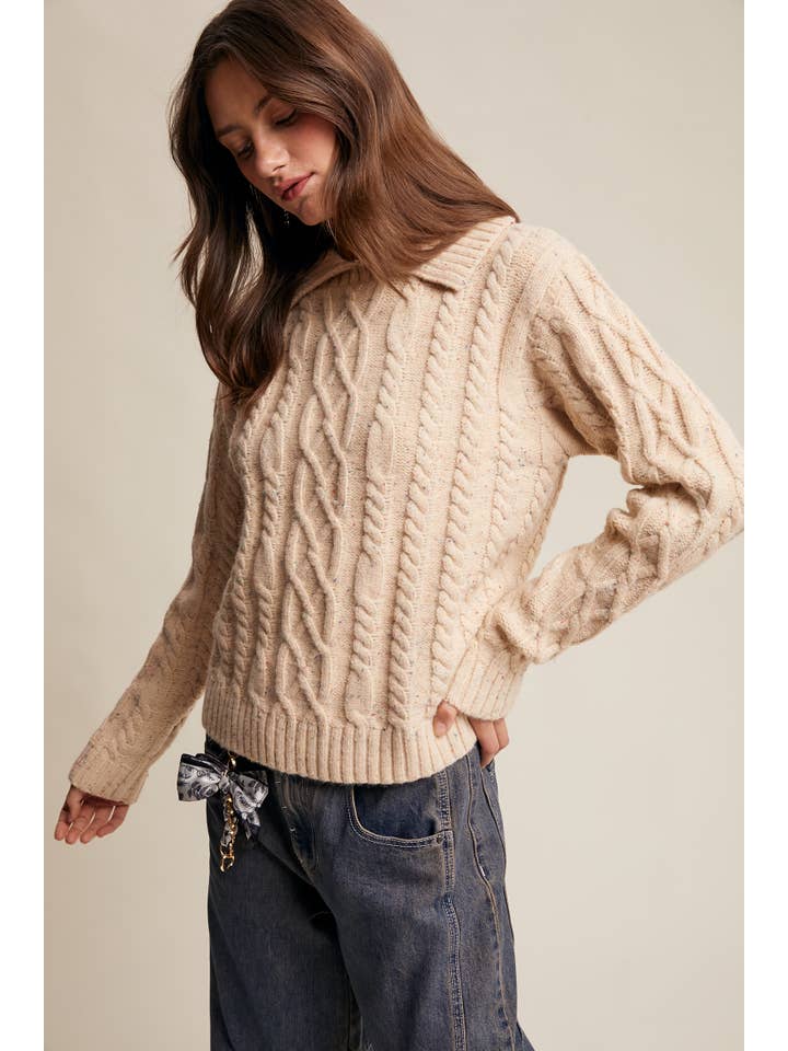 Oatmeal Collared Cable Knit Sweater LSW0980 for wholesale on Faire3