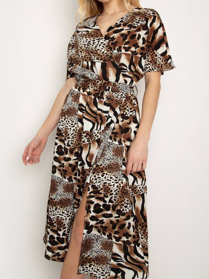Brown Black V Neck Animal Print Midi Dress for wholesale by Cutie London