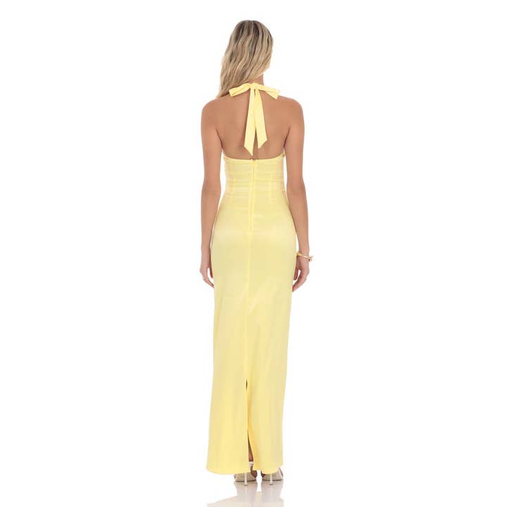 Lucy In The Sky - Wholesale Dress - Women's - Satin Halter Maxi Dress in Yellow
