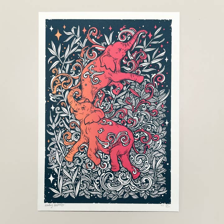 Elephants and Plants- Illustrated Screen Print for wholesale by flight & fancy